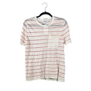 John + Jenn Medium Women's Blouse Linen Sheer Pocket Cream Red Stripe NWT